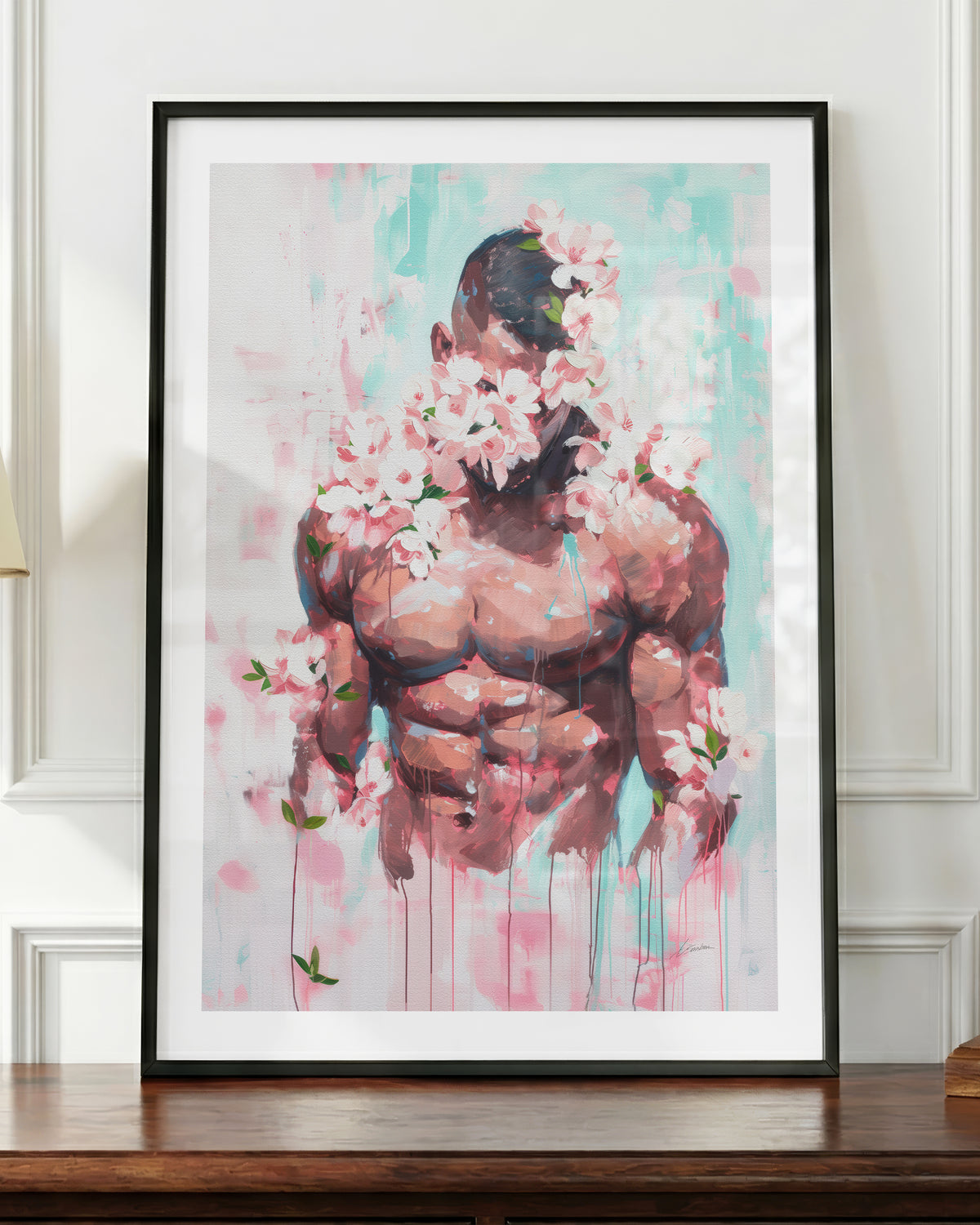 Pink Static art print in a black frame, shown up close