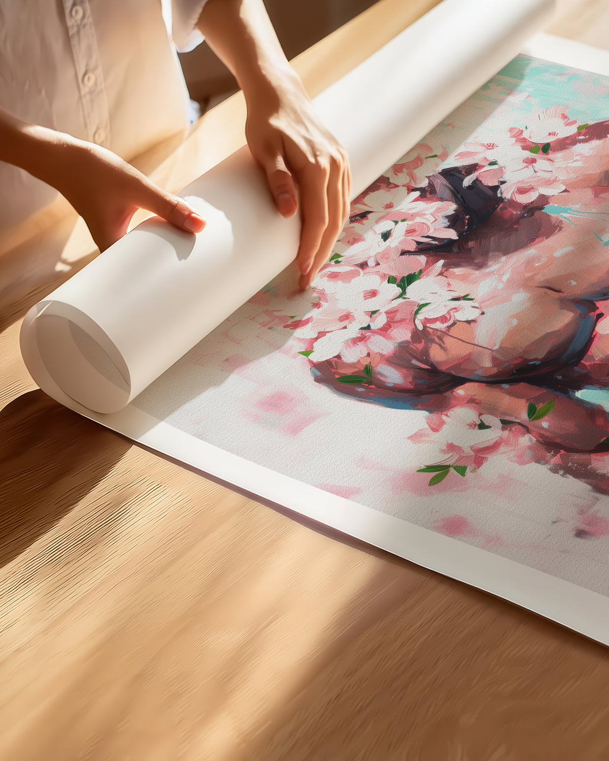 Hands unrolling the Pink Static fine art paper print, showing the white border