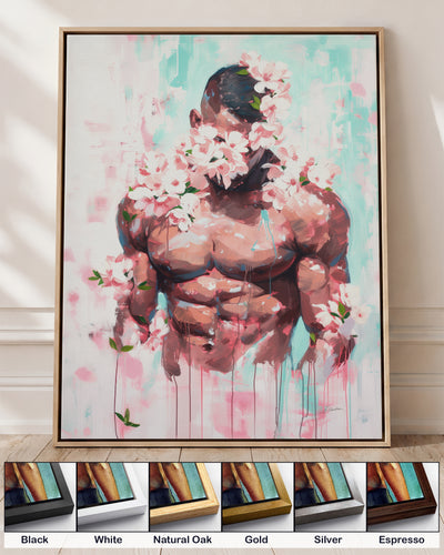 Pink Static on canvas in a natural oak floating frame, with corner samples of all six frame colors: black, white, natural oak, gold, silver and espresso
