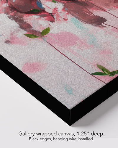 Corner of Pink Static on gallery wrapped canvas, 1.25 inches deep, with black edges and hanging wire installed