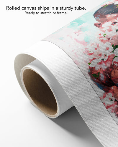 Pink Static on rolled canvas with a white border, curling off its cardboard core