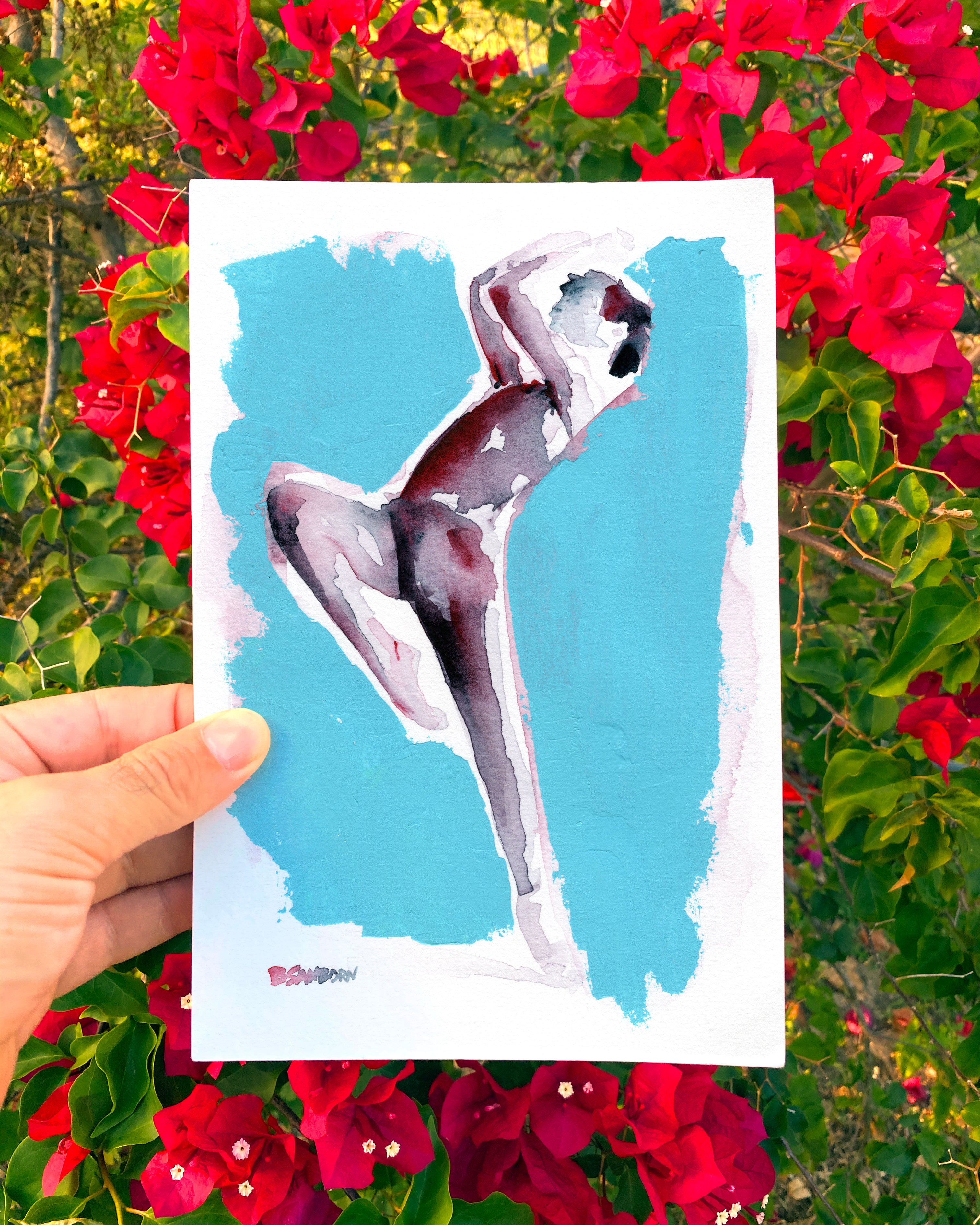 Nude male figure leaping original watercolor painting 6x9 freehand figurative art by Brenden Sanborn