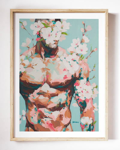 Quiet Orchard art print by Brenden Sanborn, a muscular torso with white and pink blossoms covering the face, teal background, shown in a light wood frame