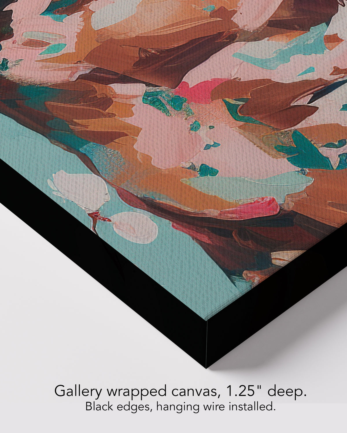 Corner of Quiet Orchard on gallery wrapped canvas, 1.25 inches deep, with black edges and hanging wire installed