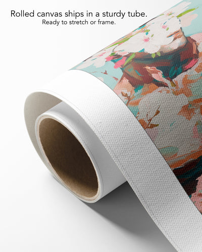 Quiet Orchard on rolled canvas with a white border, curling off its cardboard core