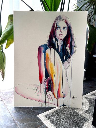 Female figure original watercolor painting 22x30 expressive portrait art by Brenden Sanborn
