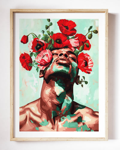 Red Hush art print by Brenden Sanborn, a man with his face tipped up and a crown of red poppies, eyes closed, shown in a light wood frame