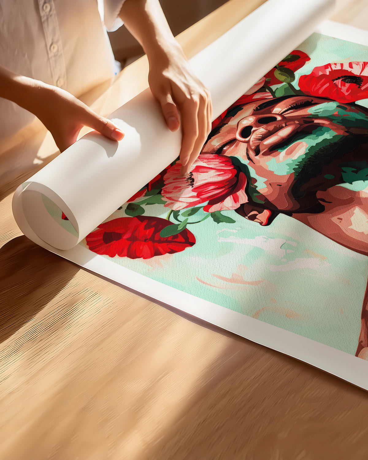 Hands unrolling the Red Hush fine art paper print, showing the white border