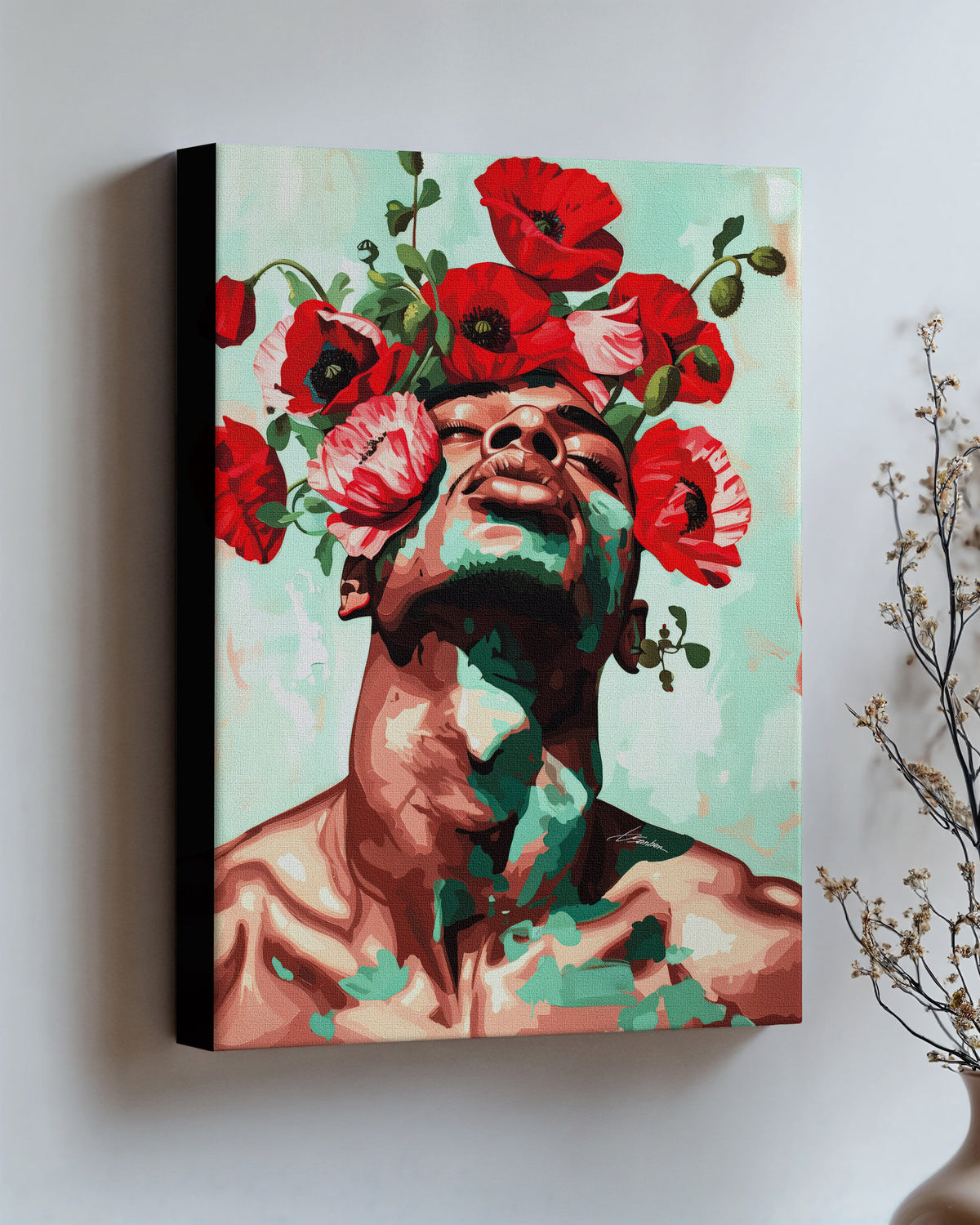 Red Hush on stretched canvas with black edges, hung on a wall and seen at an angle