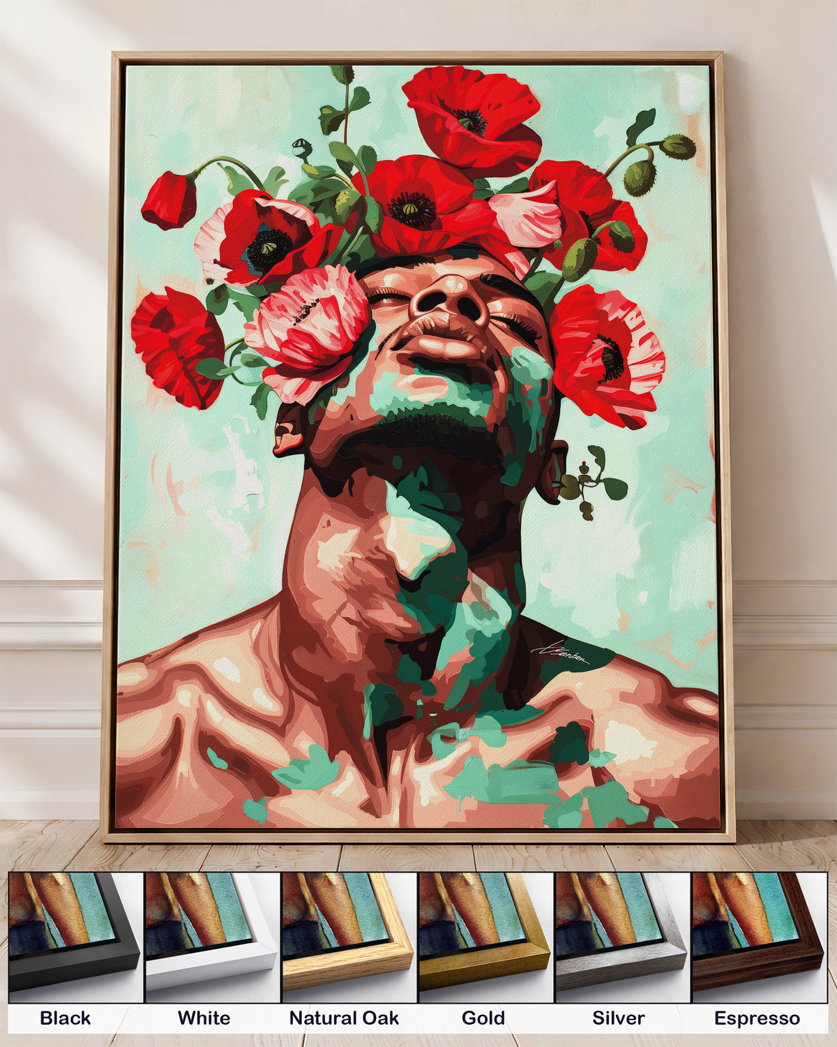 Red Hush on canvas in a natural oak floating frame, with corner samples of all six frame colors: black, white, natural oak, gold, silver and espresso