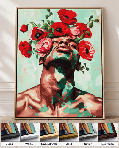 Red Hush on canvas in a natural oak floating frame, with corner samples of all six frame colors: black, white, natural oak, gold, silver and espresso