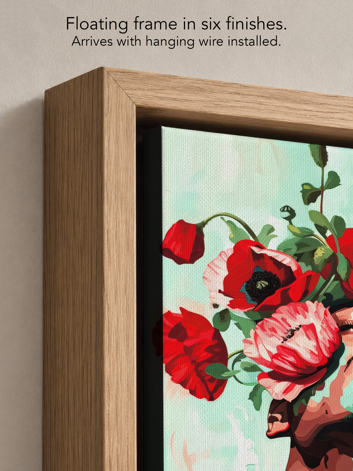 Close up corner of Red Hush in a natural oak floating frame, with black canvas edges and hanging wire installed