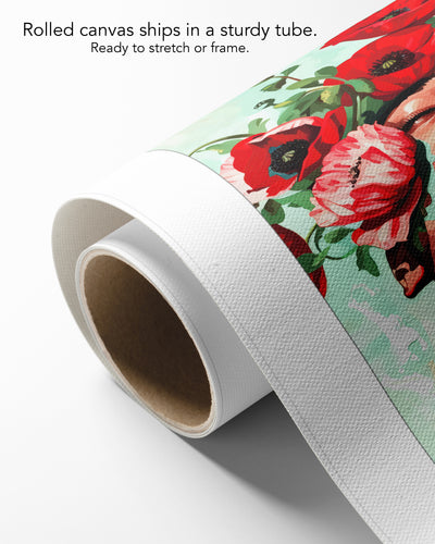 Red Hush on rolled canvas with a white border, curling off its cardboard core