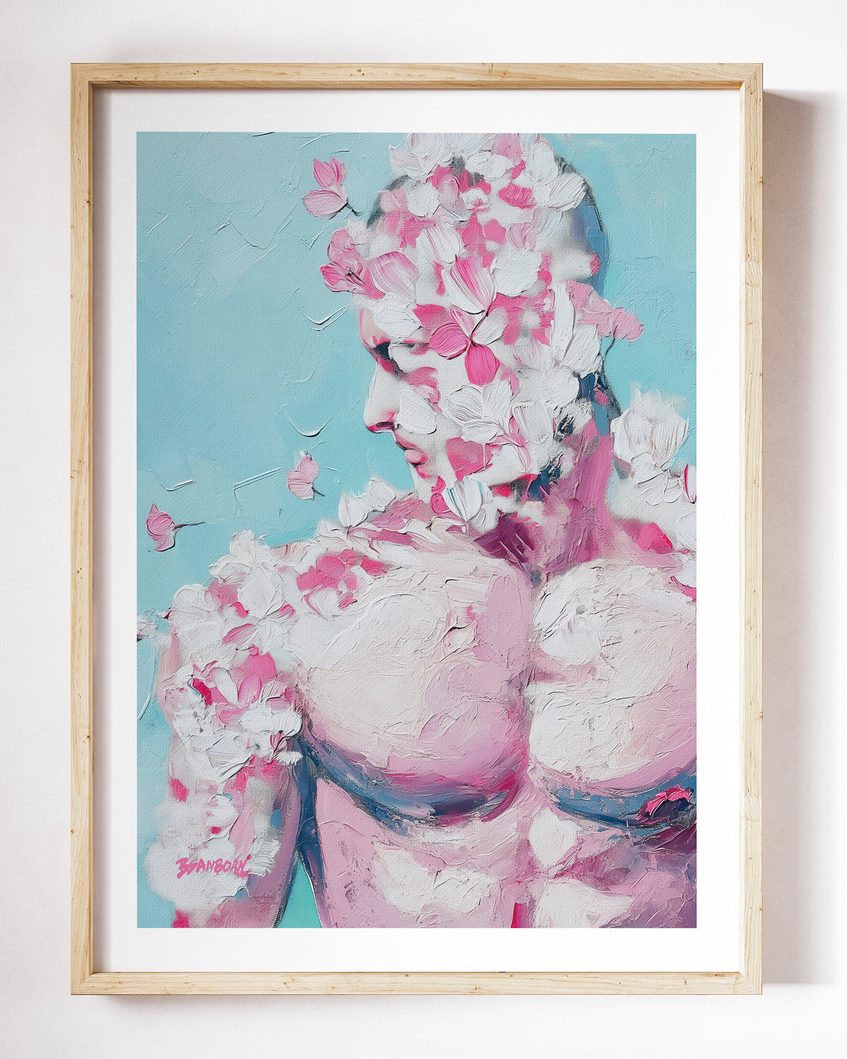 Rose Plaster art print by Brenden Sanborn, a figure in thick pink and white strokes with scattered petals, head turned down, shown in a light wood frame