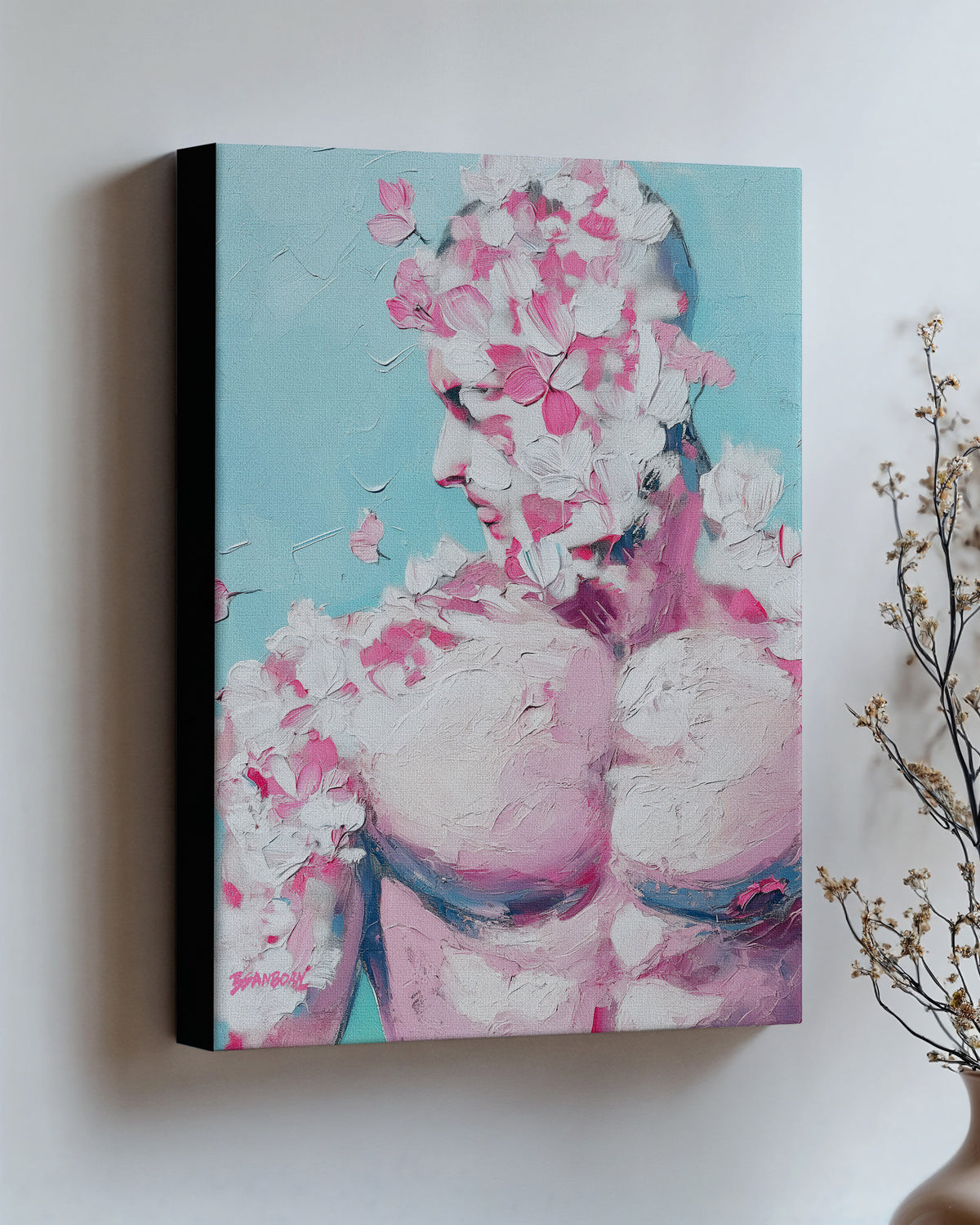 Rose Plaster on stretched canvas with black edges, hung on a wall and seen at an angle