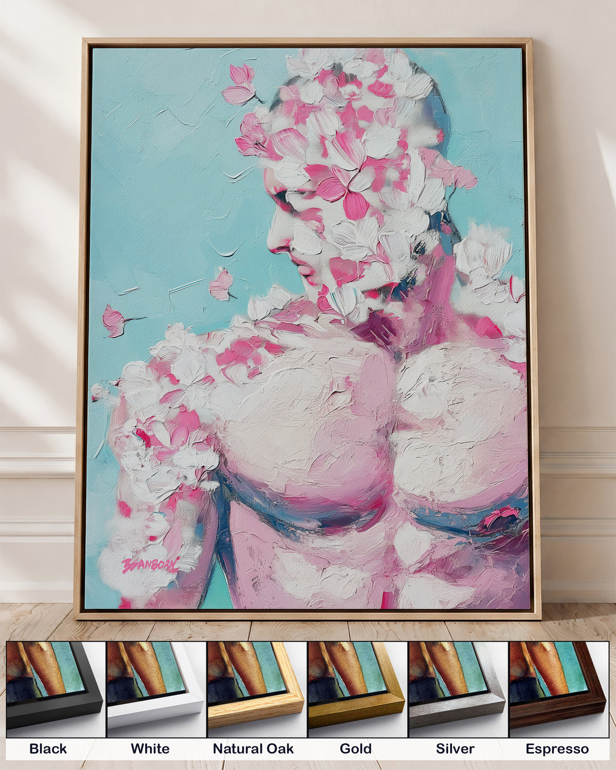 Rose Plaster on canvas in a natural oak floating frame, with corner samples of all six frame colors: black, white, natural oak, gold, silver and espresso