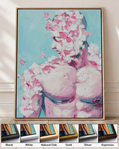 Rose Plaster on canvas in a natural oak floating frame, with corner samples of all six frame colors: black, white, natural oak, gold, silver and espresso
