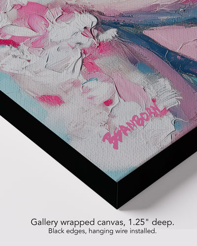 Corner of Rose Plaster on gallery wrapped canvas, 1.25 inches deep, with black edges and hanging wire installed