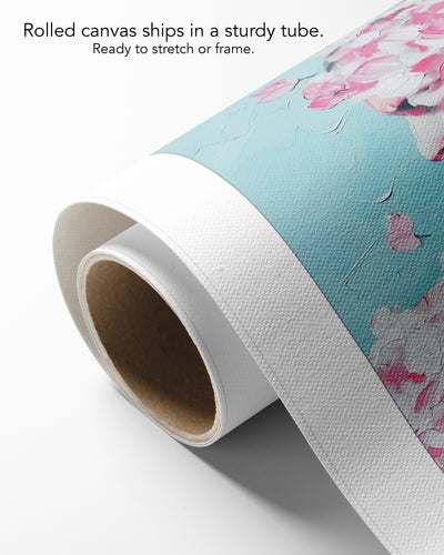Rose Plaster on rolled canvas with a white border, curling off its cardboard core