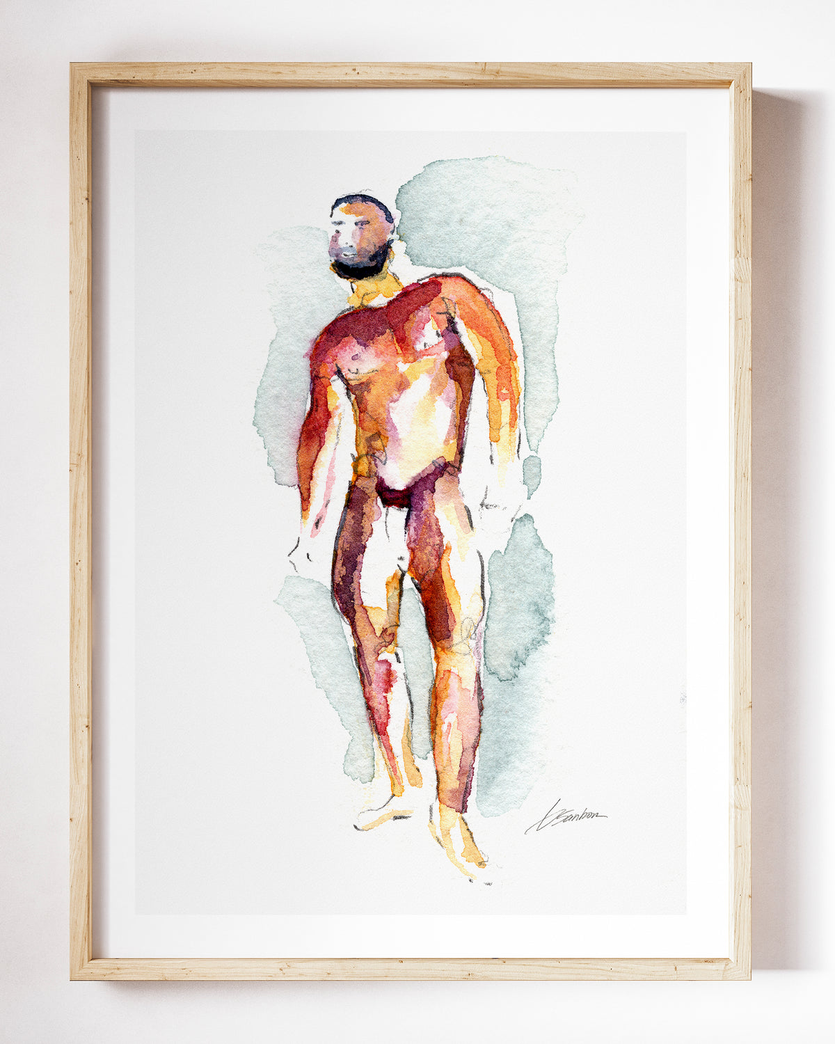 Heavyweight art print by Brenden Sanborn, a bearded bear standing tall in rust and orange washes, shown in a light wood frame