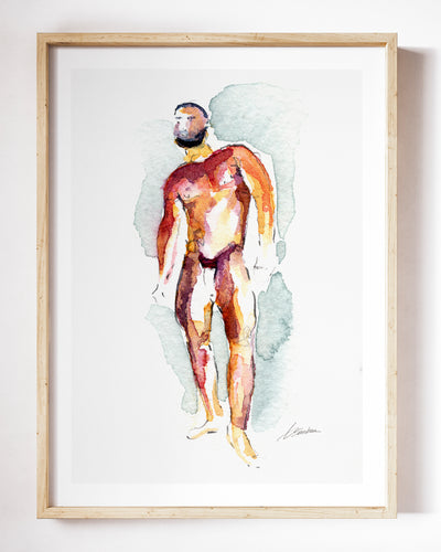 Heavyweight art print by Brenden Sanborn, a bearded bear standing tall in rust and orange washes, shown in a light wood frame
