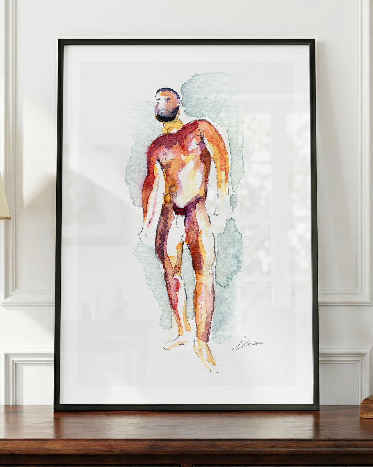Heavyweight art print in a black frame, shown up close