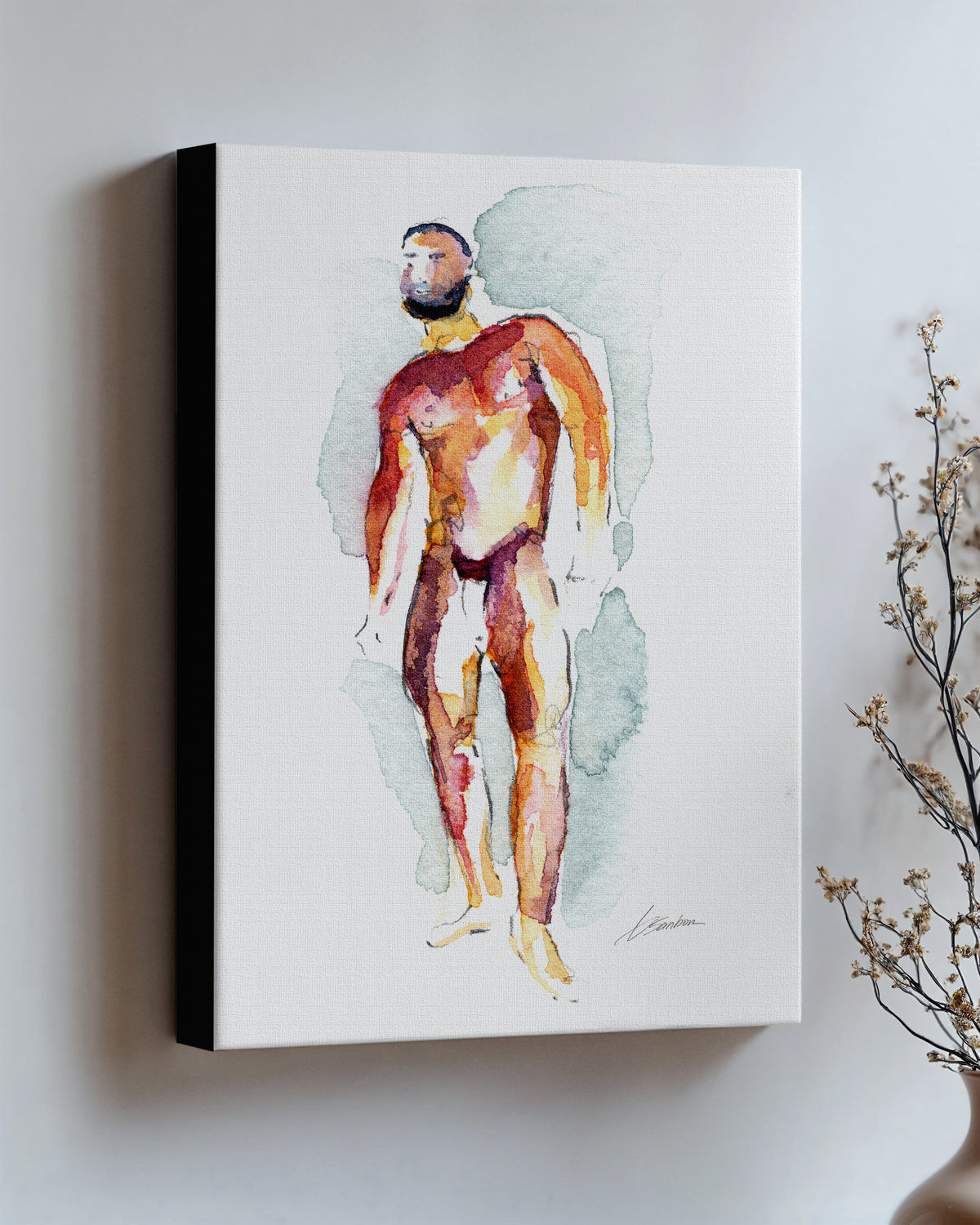 Heavyweight on stretched canvas with black edges, hung on a wall and seen at an angle