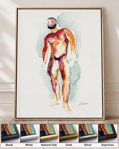 Heavyweight on canvas in a natural oak floating frame, with corner samples of all six frame colors: black, white, natural oak, gold, silver and espresso