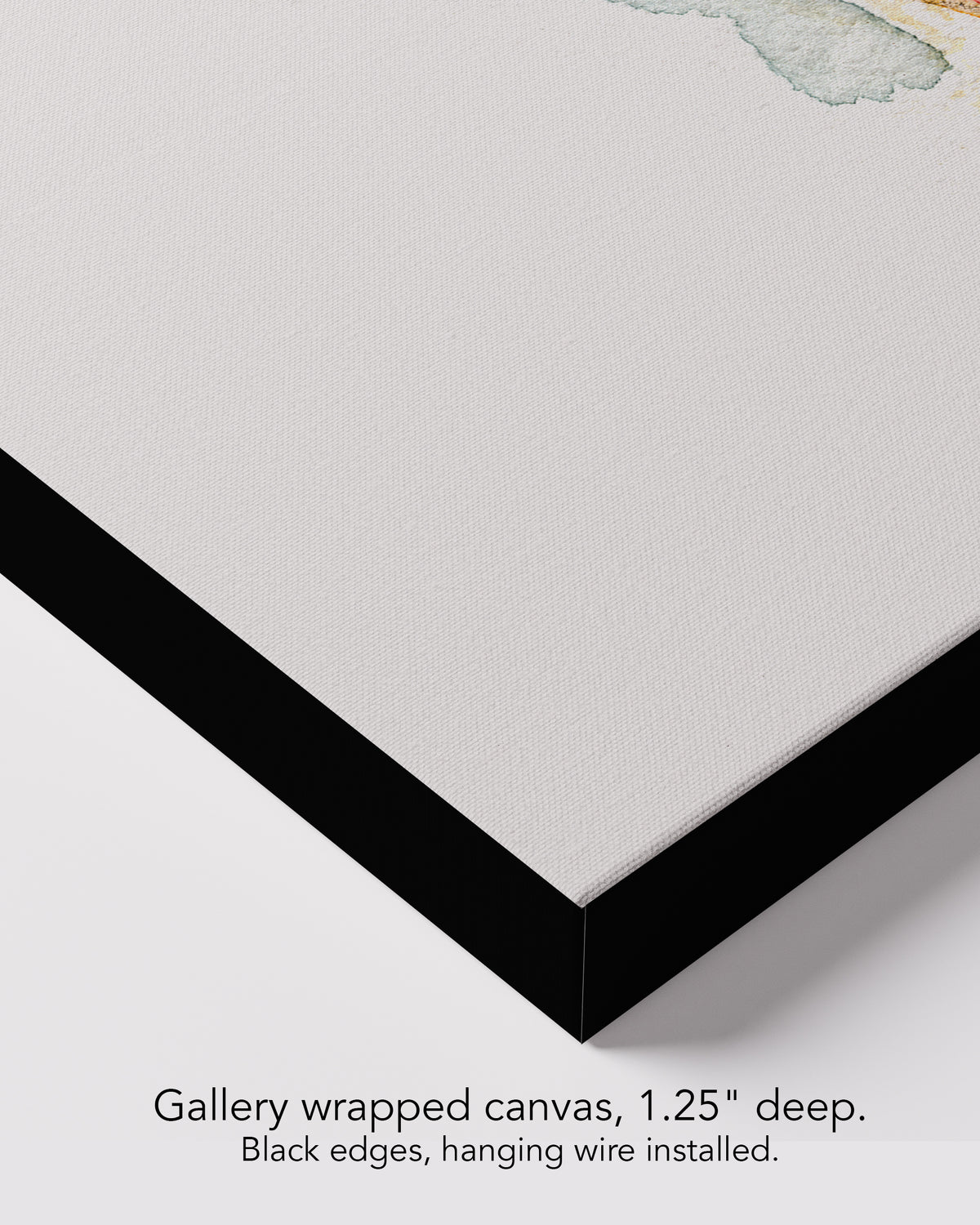 Corner of Heavyweight on gallery wrapped canvas, 1.25 inches deep, with black edges and hanging wire installed