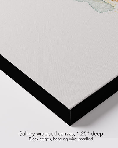 Corner of Heavyweight on gallery wrapped canvas, 1.25 inches deep, with black edges and hanging wire installed
