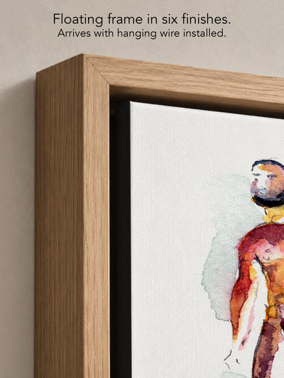Close up corner of Heavyweight in a natural oak floating frame, with black canvas edges and hanging wire installed