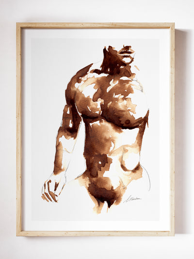 Semi nude male torso painted in coffee ink, chest forward and looking up, giclée fine art print by Brenden Sanborn
