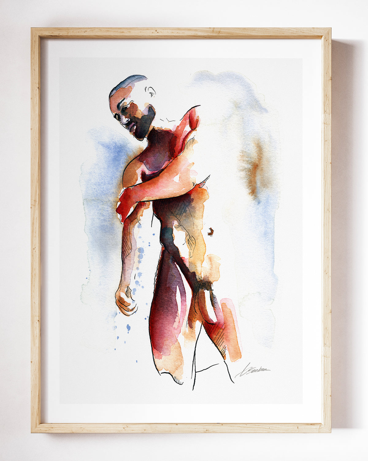 Shy Turn art print by Brenden Sanborn, a bald bearded man turning away with one arm across his chest, paint splatter around him, shown in a light wood frame