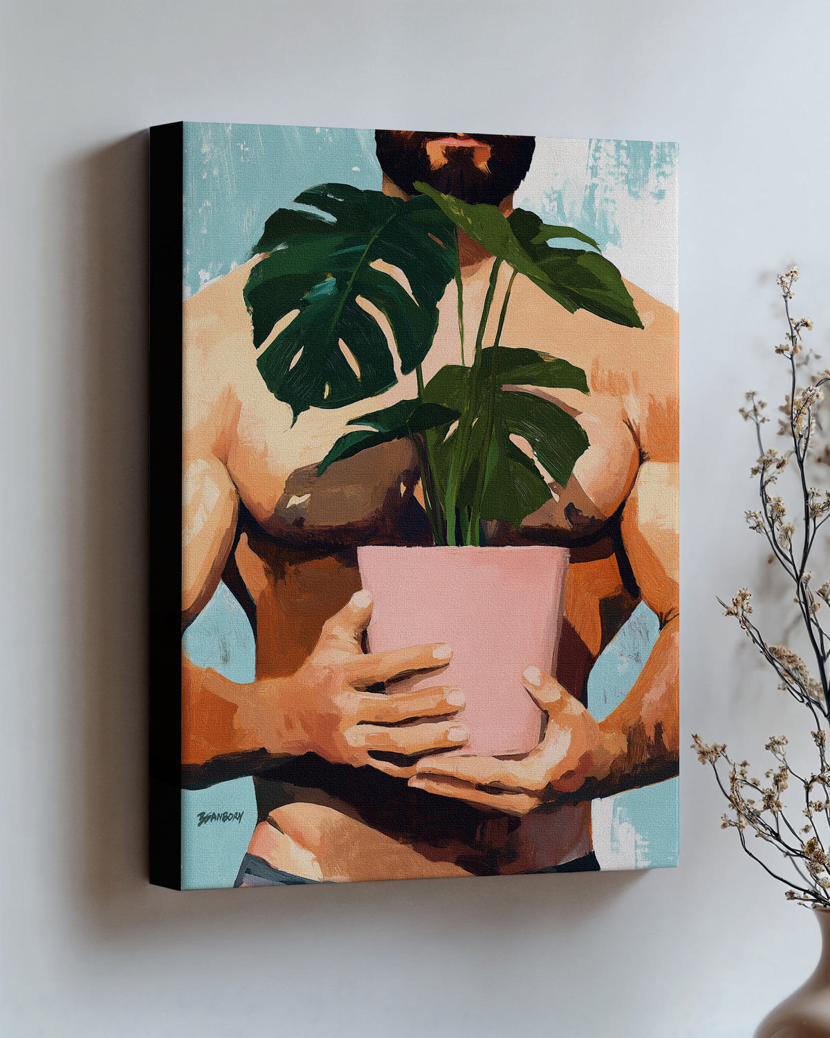 Small Jungle on stretched canvas with black edges, hung on a wall and seen at an angle