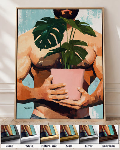 Small Jungle on canvas in a natural oak floating frame, with corner samples of all six frame colors: black, white, natural oak, gold, silver and espresso