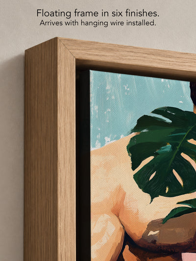 Close up corner of Small Jungle in a natural oak floating frame, with black canvas edges and hanging wire installed