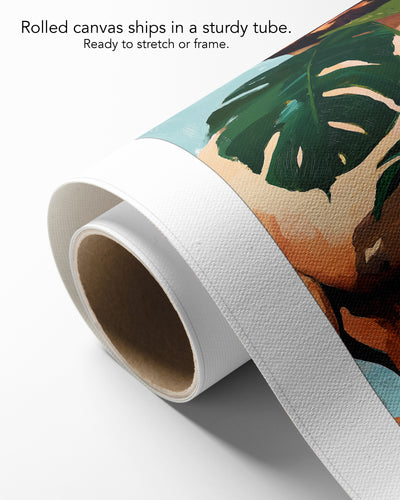 Small Jungle on rolled canvas with a white border, curling off its cardboard core
