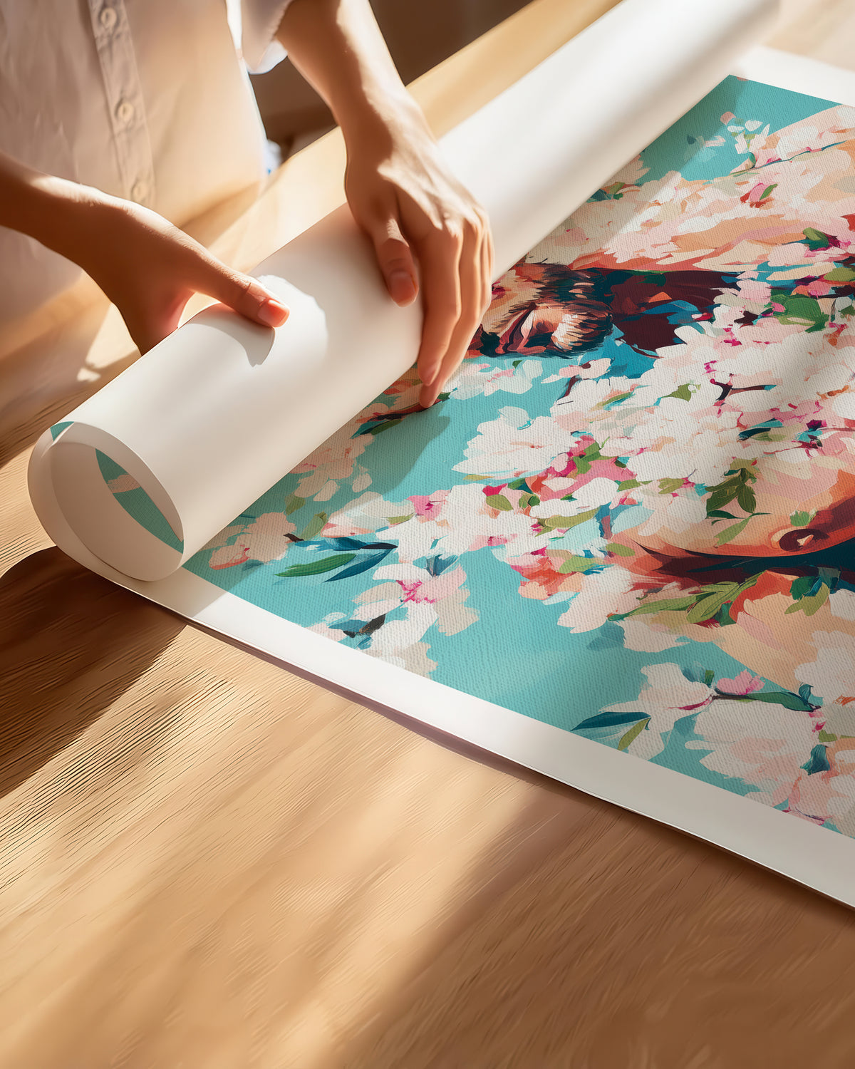 Hands unrolling the Soft Riot fine art paper print, showing the white border