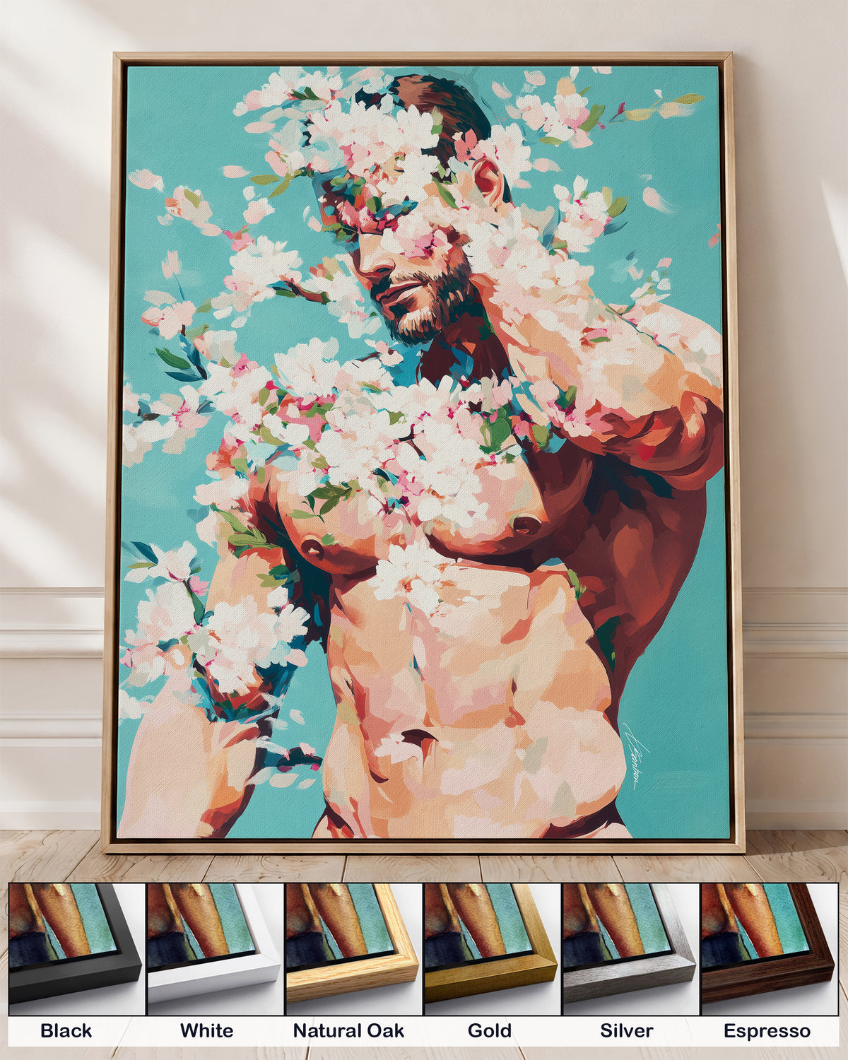 Soft Riot on canvas in a natural oak floating frame, with corner samples of all six frame colors: black, white, natural oak, gold, silver and espresso