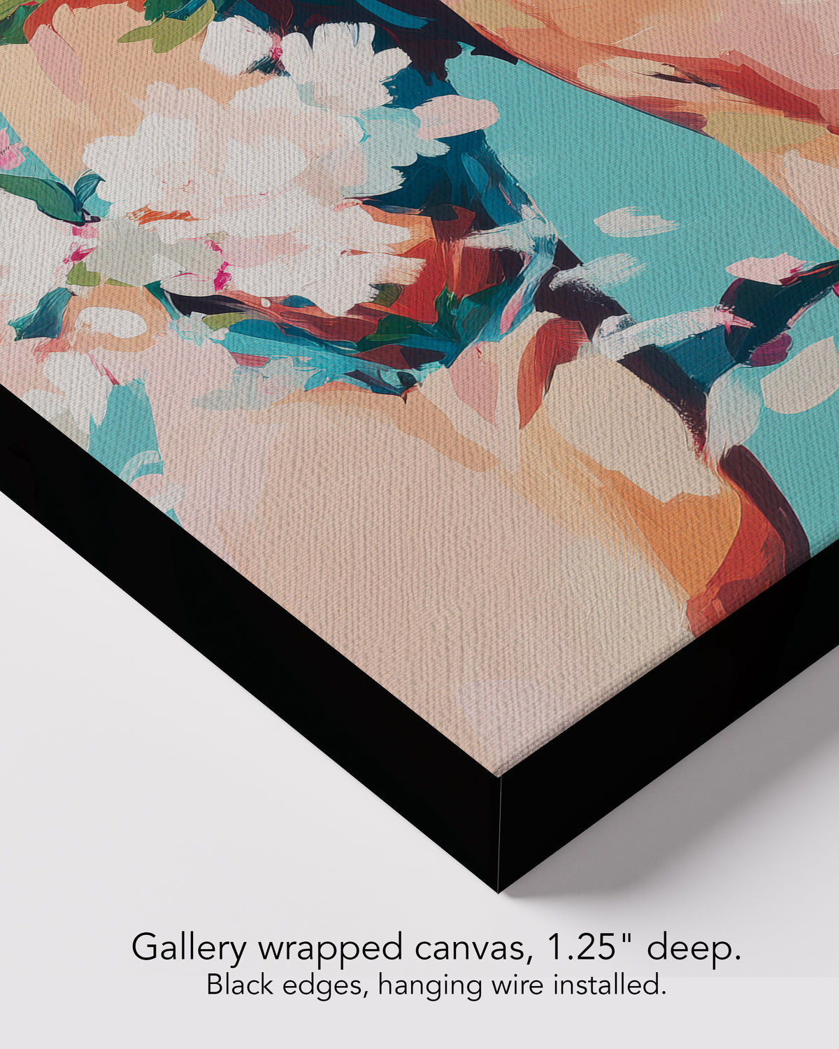 Corner of Soft Riot on gallery wrapped canvas, 1.25 inches deep, with black edges and hanging wire installed