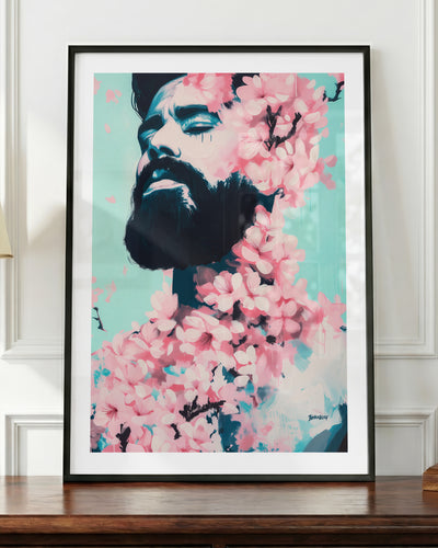 Spring Exhale art print in a black frame, shown up close