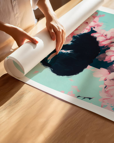 Hands unrolling the Spring Exhale fine art paper print, showing the white border