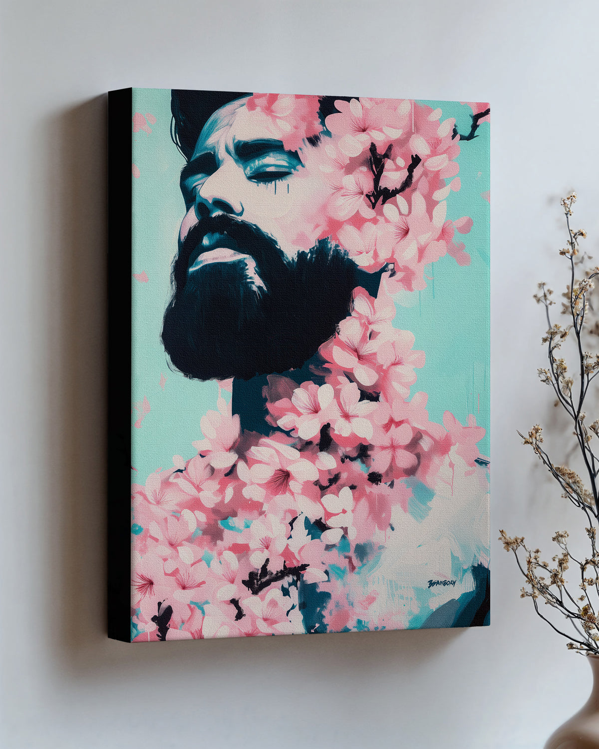 Spring Exhale on stretched canvas with black edges, hung on a wall and seen at an angle