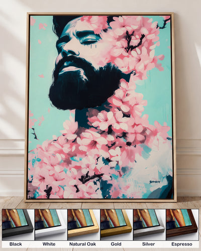 Spring Exhale on canvas in a natural oak floating frame, with corner samples of all six frame colors: black, white, natural oak, gold, silver and espresso
