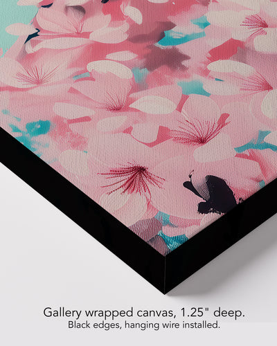 Corner of Spring Exhale on gallery wrapped canvas, 1.25 inches deep, with black edges and hanging wire installed