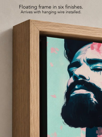 Close up corner of Spring Exhale in a natural oak floating frame, with black canvas edges and hanging wire installed