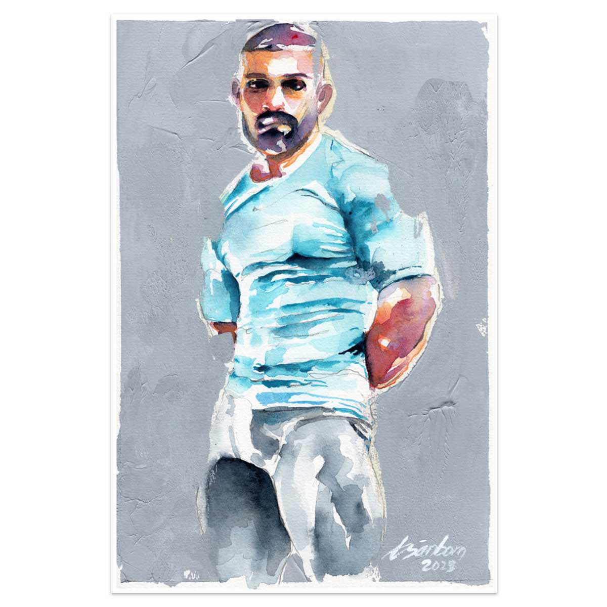 Bearded Man in Light Blue Shirt with Muscular Arms - 6x9" Original Watercolor Painting