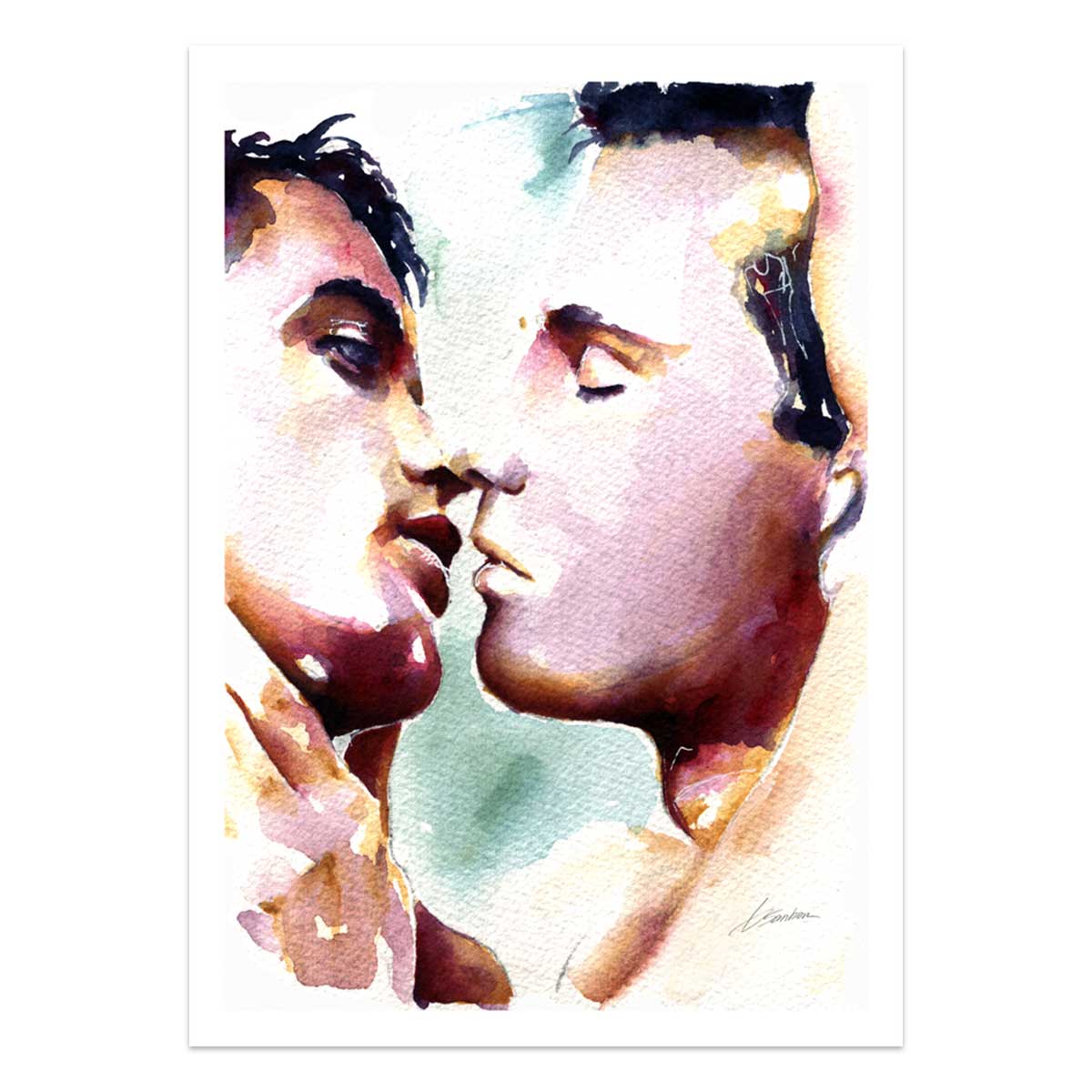 Tender Moment Between Lovers as They Lean in Close - Art Print