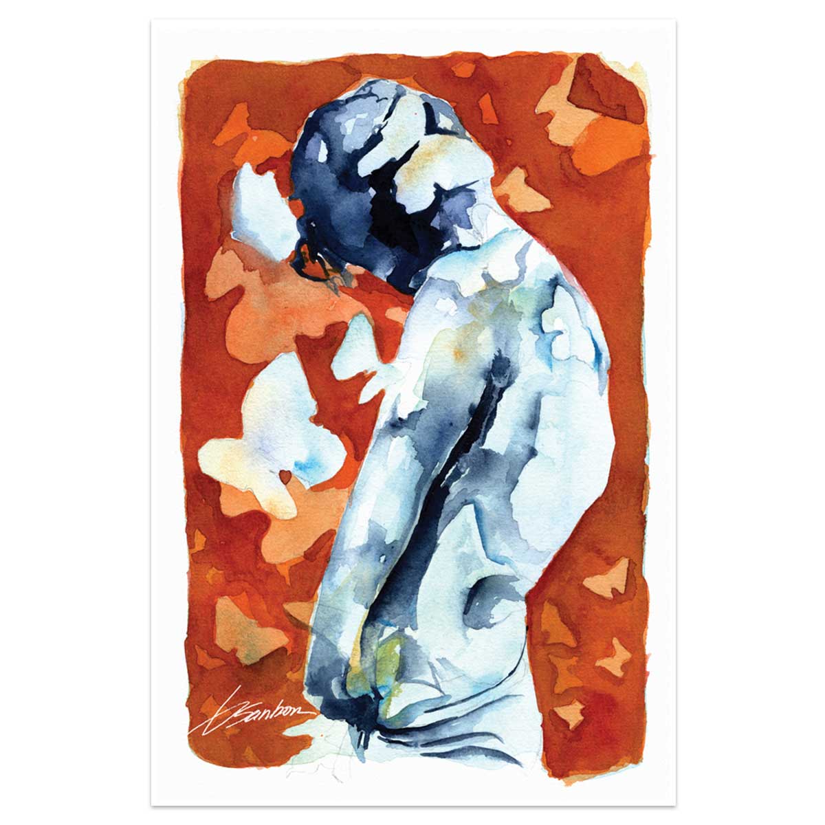 Sexy Shirtless Young Man Among Butterflies - 6x9" Original Watercolor Painting