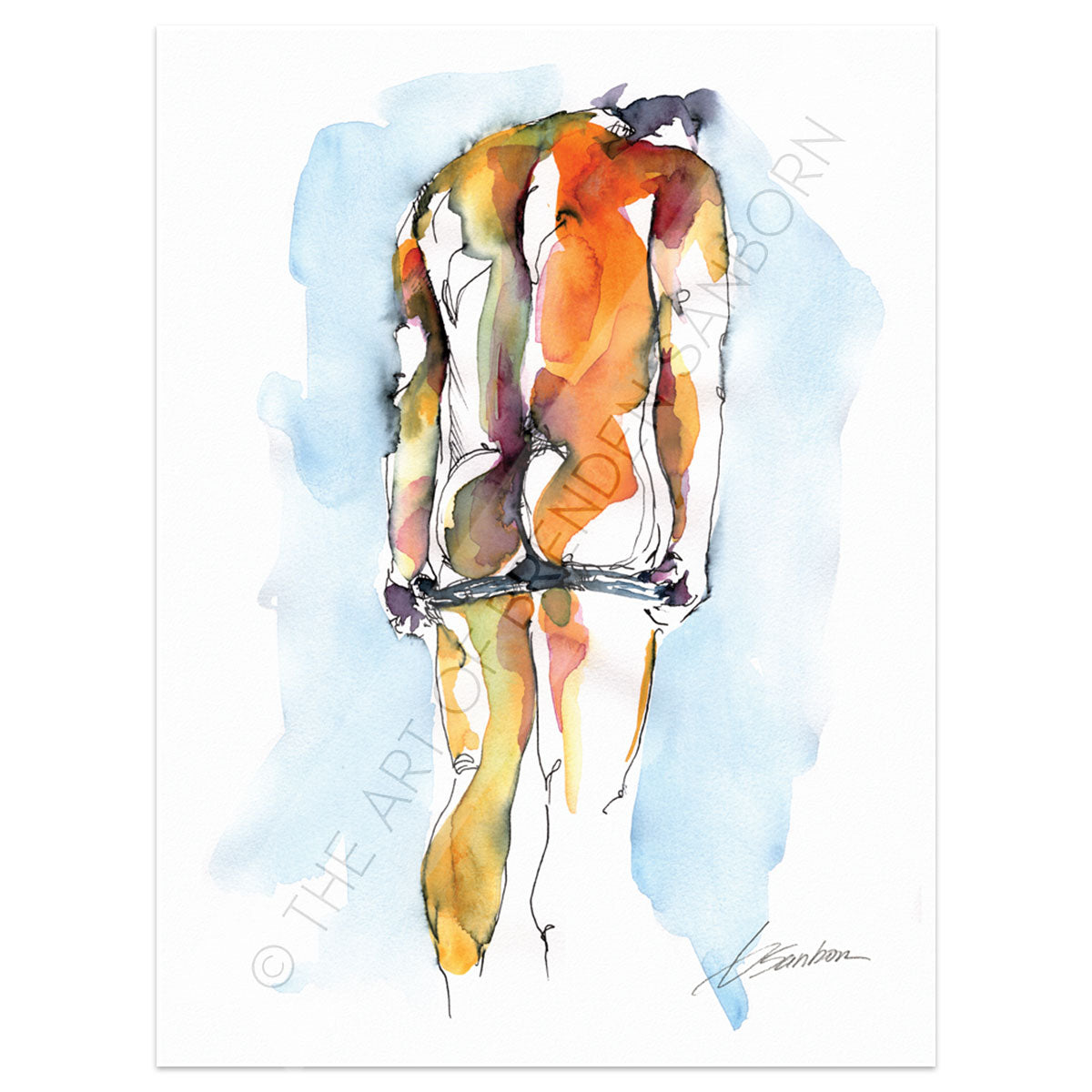 Classical Male Physique in Ink & Watercolor: A Revealing Pose